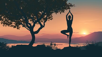  a silhouette of a person doing a yoga pose in front of a tree with the sun setting over a lake and mountains in the distance, with a person doing a handstand.