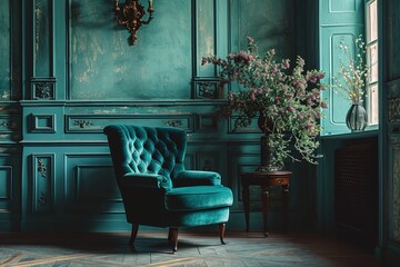 Beautiful luxury classic blue green clean interior room in classic style with green soft armchair. Vintage antique blue-green chair standing beside emerald wall. Minimalist home - obrazy, fototapety, plakaty