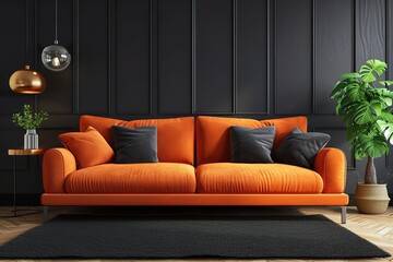 Black mock up wall with orange sofa in modern interior background, living room, Scandinavian style