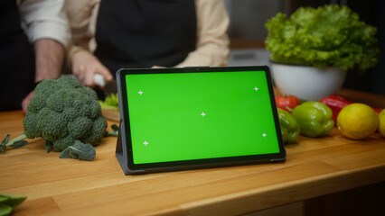 Tablet computer device with mock up green screen chroma key display on the kitchen counter, married...