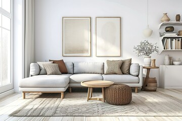 Bright living room interior with white empty wall.