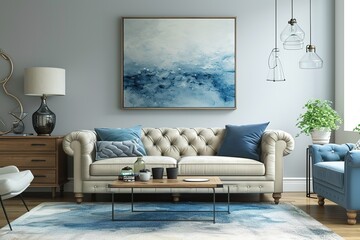 Canvas in beige living room with sideboard and accent blue sofa.
