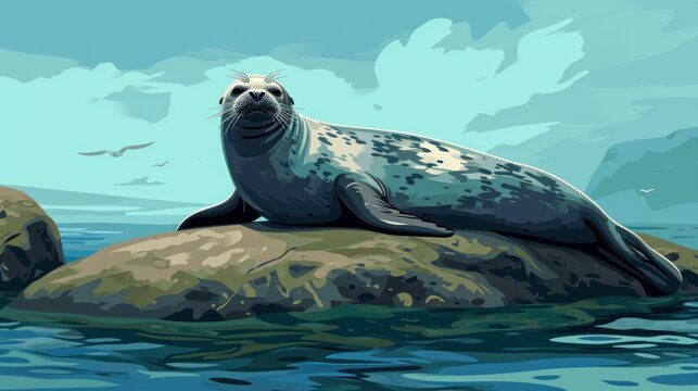  a painting of a seal sitting on a rock in the middle of a body of water with seagulls flying in the sky in the back of the background.