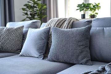 Close-up of gray comfortable sofa in modern apartment - panorama.