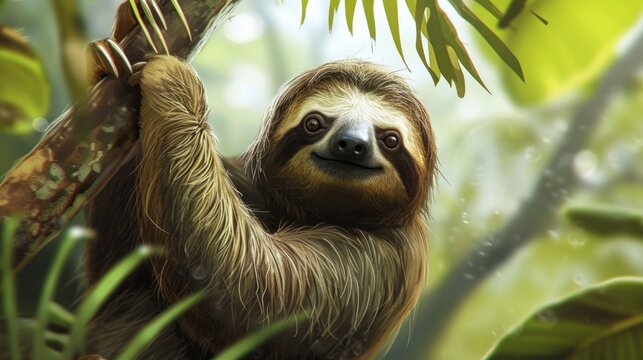  a painting of a sloth hanging on a tree branch in the jungle with its tongue out and eyes wide open, with green leaves in the foreground and a blurry background.