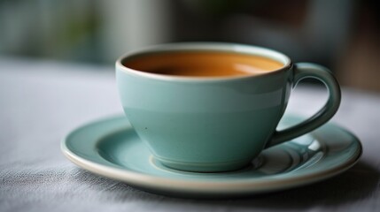 Fototapeta premium a cup of coffee sitting on top of a saucer on top of a white table covered with a white table cloth and a white table cloth with a blurry in the background.