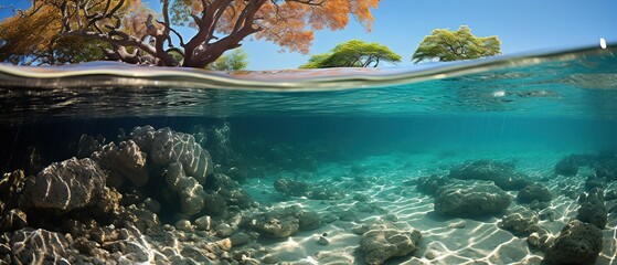 Fototapeta na wymiar Shallow water Bahamas beach with rocks , mangrove and coral reef in high definition. Underwater background