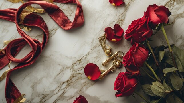  a bunch of red roses sitting on top of a marble counter top next to a red ribbon and a golden key on a golden chain on a marble counter top.