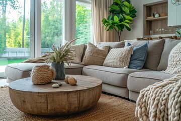 Earth tone style sofa and pillows with round center table in the living room.