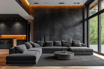 Dark living room interior with black empty wall