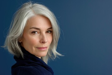 Close-up studio portrait of a mature woman with silver hair, isolated on a deep blue background