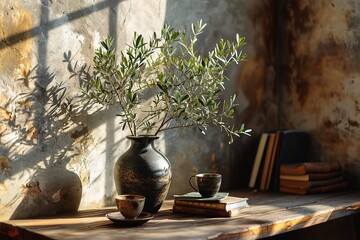 Elegant Mediterranean home design. Textured vase with olive tree branches, cup of coffee. Books on wooden table. Living room still life. Empty wall copy space. Modern interior, no people. Home office