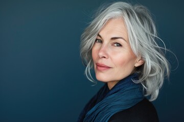 Close-up studio portrait of a mature woman with silver hair, isolated on a deep blue background