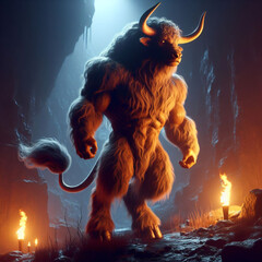 Minotaur (Minos the Bull) is a Cretan monster with the body of a man and the head of a bull, who lived in the Labyrinth and was killed by Theseus. Ancient greek creature, monster. - obrazy, fototapety, plakaty