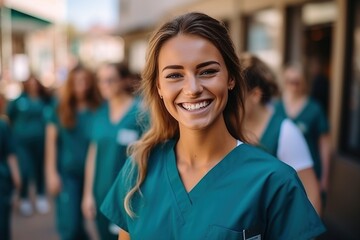 Fototapeta premium Happy young female nurse with colleagues in the background