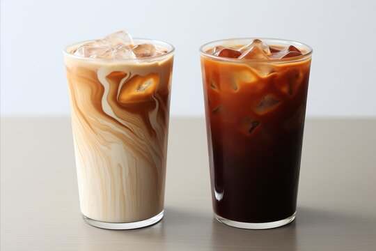 Set of black ice coffee and ice latte coffee with milk in tall glass, isolated on white background