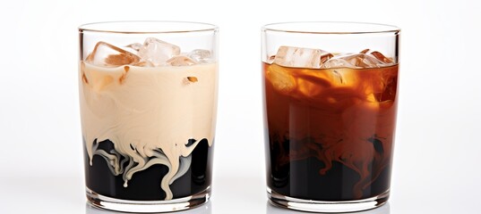 Black iced coffee and creamy latte with milk in tall glass, isolated on white background