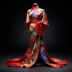 The kimono is spread out and displayed in a women's fashion showcase. Japanese yukata, Japanese clothing.