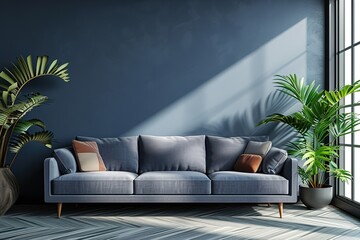 Interior of cozy modern living room with sofa against blank, dark blue wall.