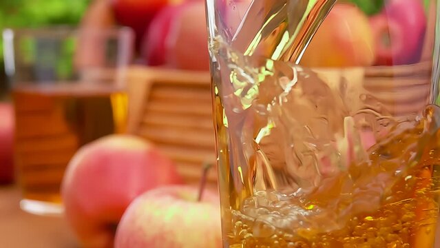 Apple juice is poured in a glass next to large ripe apples on the background of greenery in slow motion
