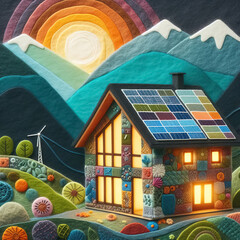 felt art patchwork, Modern house with solar panels on the roof in mountains. End of the day, sunset. Idyllic atmosphere. House with solar cells, home lighting powered by solar energy
