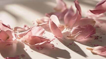  a bunch of pink flowers laying on top of a bed of petals on top of a bed of white sheets with a shadow of a sheet on the side of the bed.