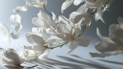  a bunch of white flowers floating on top of a body of water with a shadow of the flowers on the side of the water and a light reflecting off the water surface.