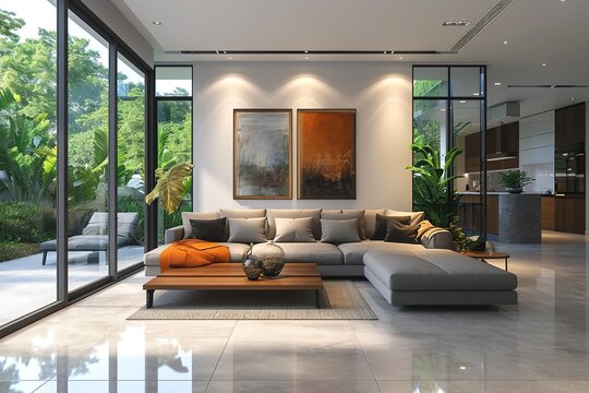 Interior of living room with sofa, modern hom