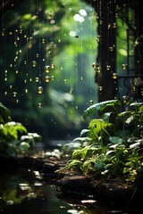 Green plants and shiny glass balls hanging in the air in a lush green forest with a stream running through it