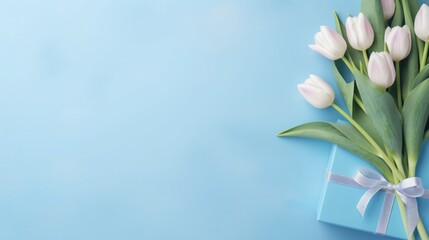 tulips and gift, box on a blue background. card for Valentine's Day, March 8, Mother's Day, Birthday. Place for text