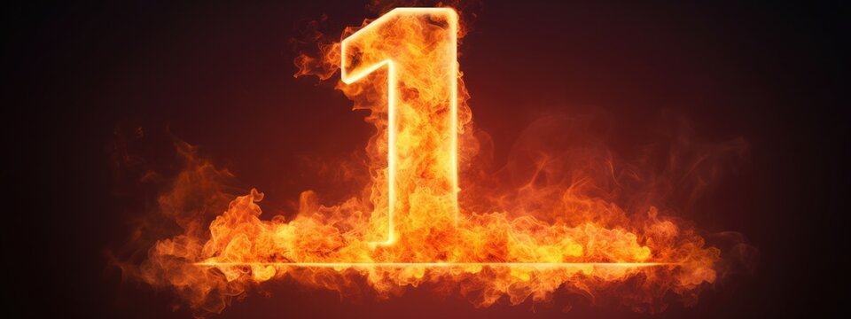 fire number 1 made of fire flames. number one, first symbol. isolated on black. hot red and orange symbol