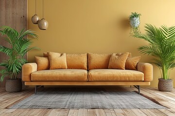 Living room interior has sofa in 3d rendering. Front view of sofa and plant in 3d rendering.
