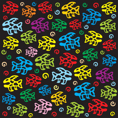 Abstract background of colored cartoon fish. Vector graphics.
