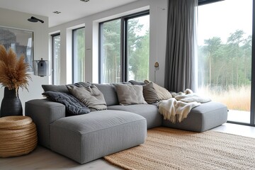 Living room with gray sofa.