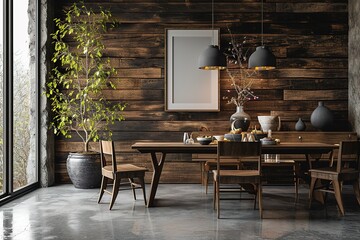Luxury contemporary dining space with dining table, frame mockup on wood plank wall