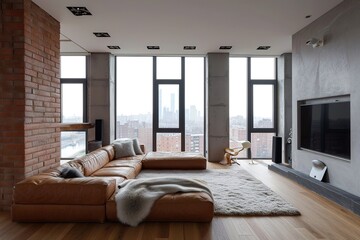 Fototapeta na wymiar Minimalist living space leather couch big windows.