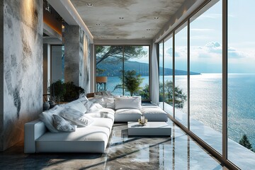 Luxury living room interior with white couch and seascape view