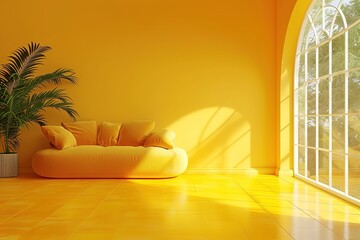 Fototapeta na wymiar Minimal concept. interior of living yellow tone on yellow floor and background.