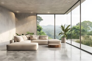 Minimal style living room 3d render.There are concrete floor,white wall.Finished with beige color...
