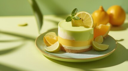  a piece of cake sitting on top of a plate with lemons and limes on the side of the plate and a green leaf on top of the plate.