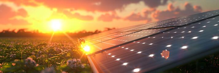 Solar Panels Reflecting Sparkling Sunlight, Representing Clean Energy and Environment, 3D Rendering