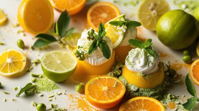  oranges, limes, limes, and whipped cream are arranged on a white surface with sprinkles and sprinkles of green leaves.