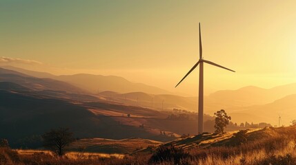  a wind turbine on top of a hill with the sun setting in the background and hills in the foreground, with trees and hills in the foreground, in the foreground.