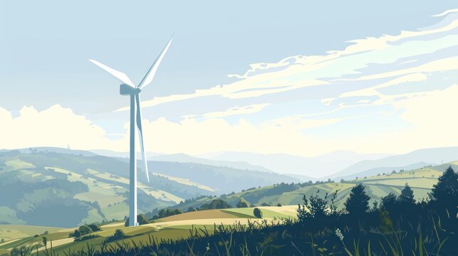  a painting of a wind turbine on top of a hill with trees in the foreground and a blue sky with a few clouds in the middle of the picture.