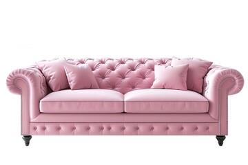 Modern fashionable stylish pink sofa with carriage stitch, buttons, with legs on isolated white background. Furniture, interior object, stylish sofa.