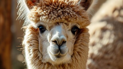 Fototapeta premium a close up of a llama's face with a lot of hair on it's head and a blurry background of other llamas in the background.