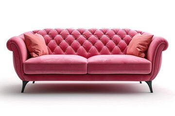 Modern fashionable stylish pink sofa with carriage stitch, buttons, with legs on isolated white background. Furniture, interior object, stylish sofa.