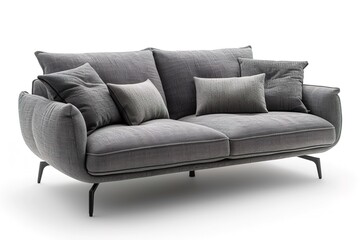 Modern gray fabric sofa with legs and pillows on isolated white background. Furniture, interior object.