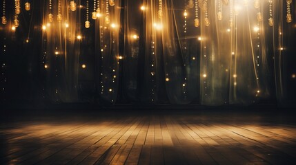 Blurred bokeh effect of elegant broadway theater stage with grand curtain and chandeliers - obrazy, fototapety, plakaty