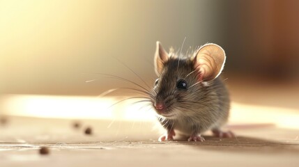  a close up of a small rodent on a wooden floor with a blurry back drop of light in the back drop of the mouse's head and a blurry background.